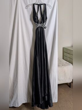 May Queen Couture Black Beaded Halter Prom Gown